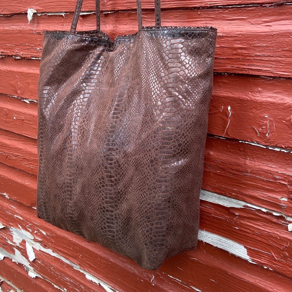 Carlos Falchi Vintage Vegan Python Tote Bag Brown Faux Snakeskin Purse - Picture 4 of 11